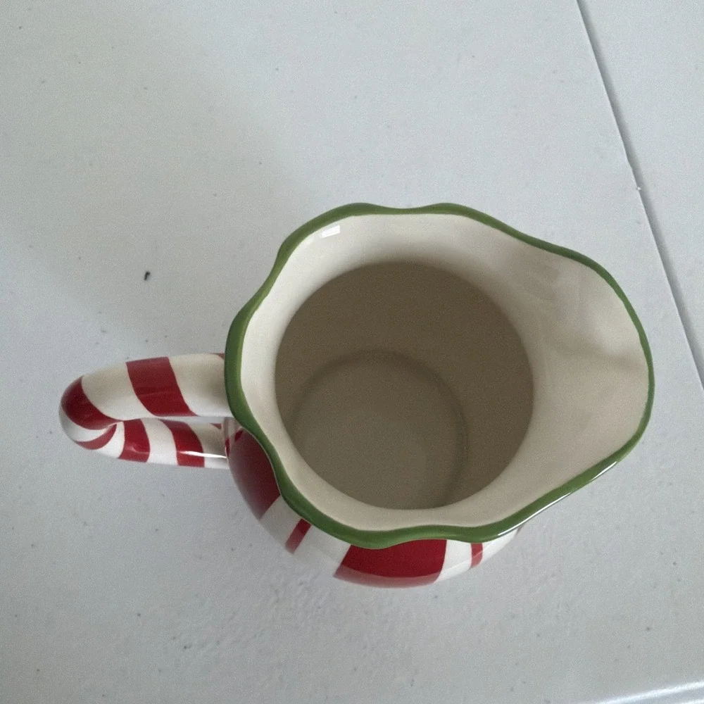Ceramic Pitcher Cream Colored w/Red Hearts and Red & Green Stripes-Medium Size